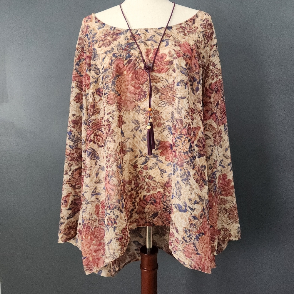 Unity World Wear 2XL Semi Sheer Boho Y2K Flare Sleeve Blouse Built In Necklace